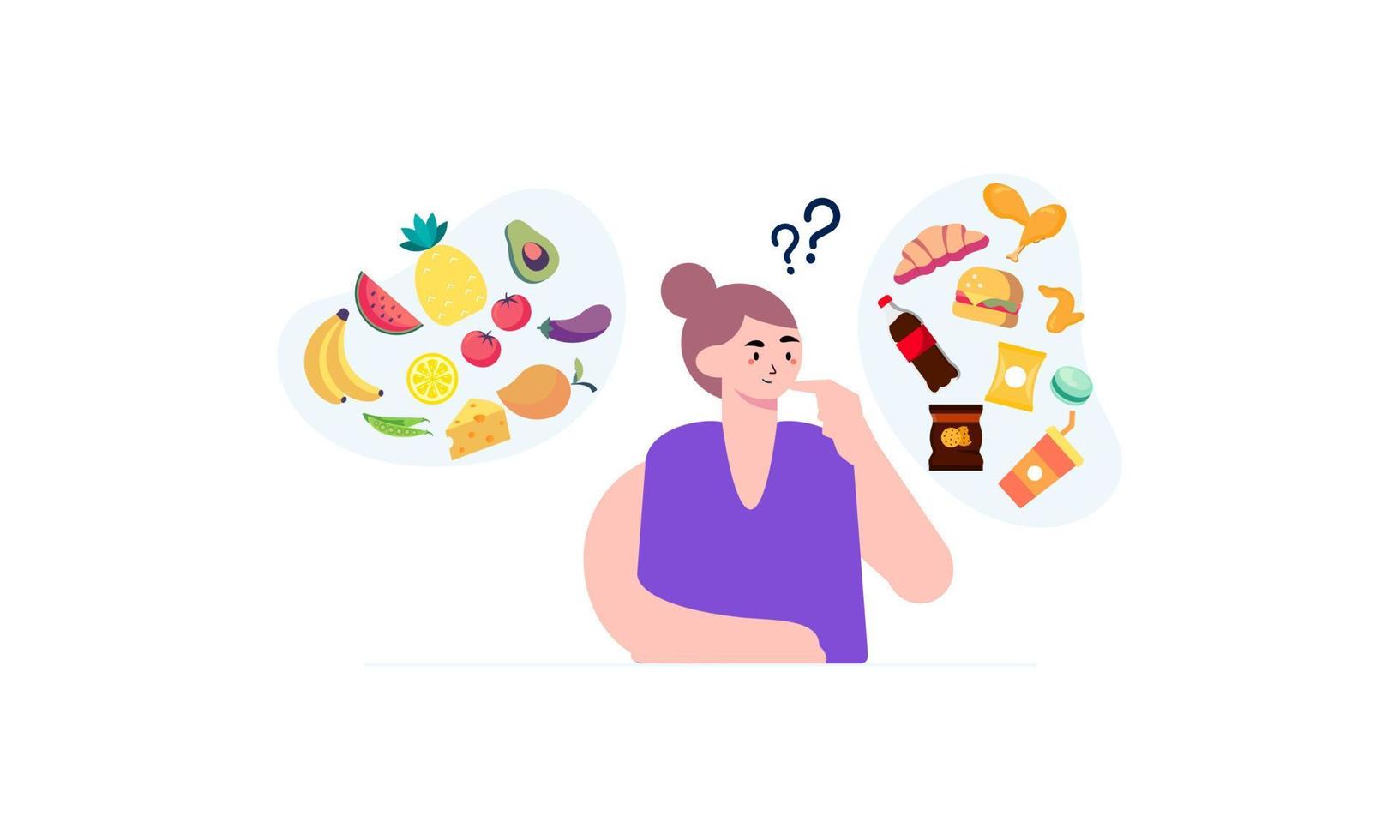 kvinna att välja mellan hälsosam och ohälsosam mat koncept illustration vektor