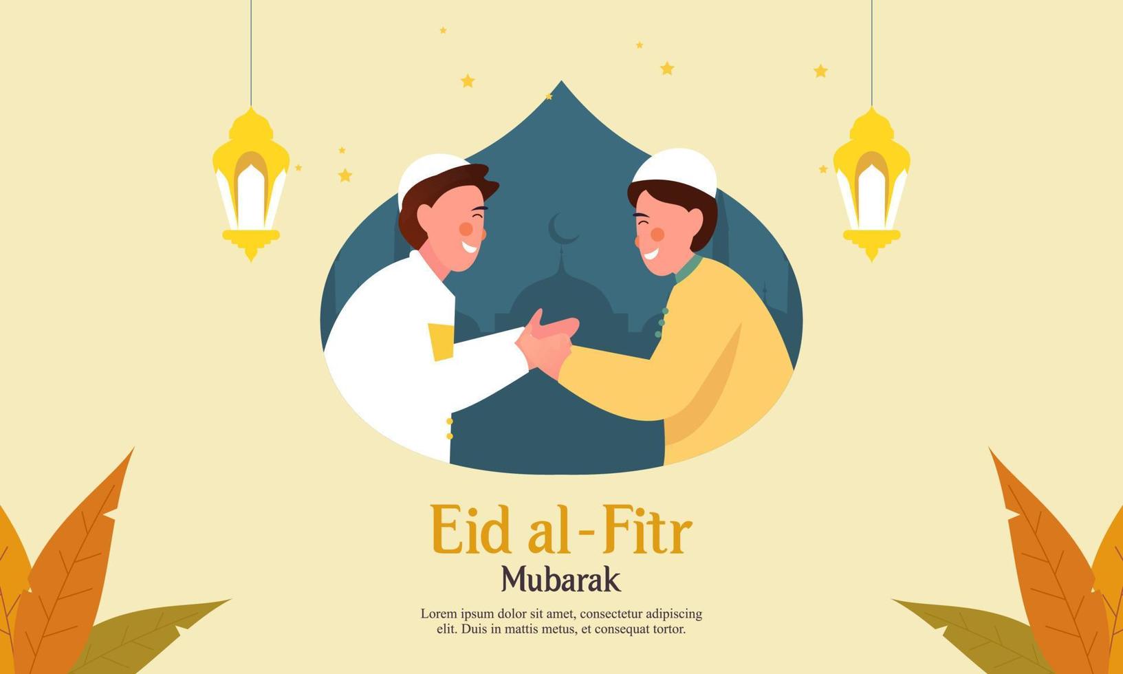 glückliches eid mubarak, ramadan mubarak grußkonzept mit menschencharakterillustration vektor