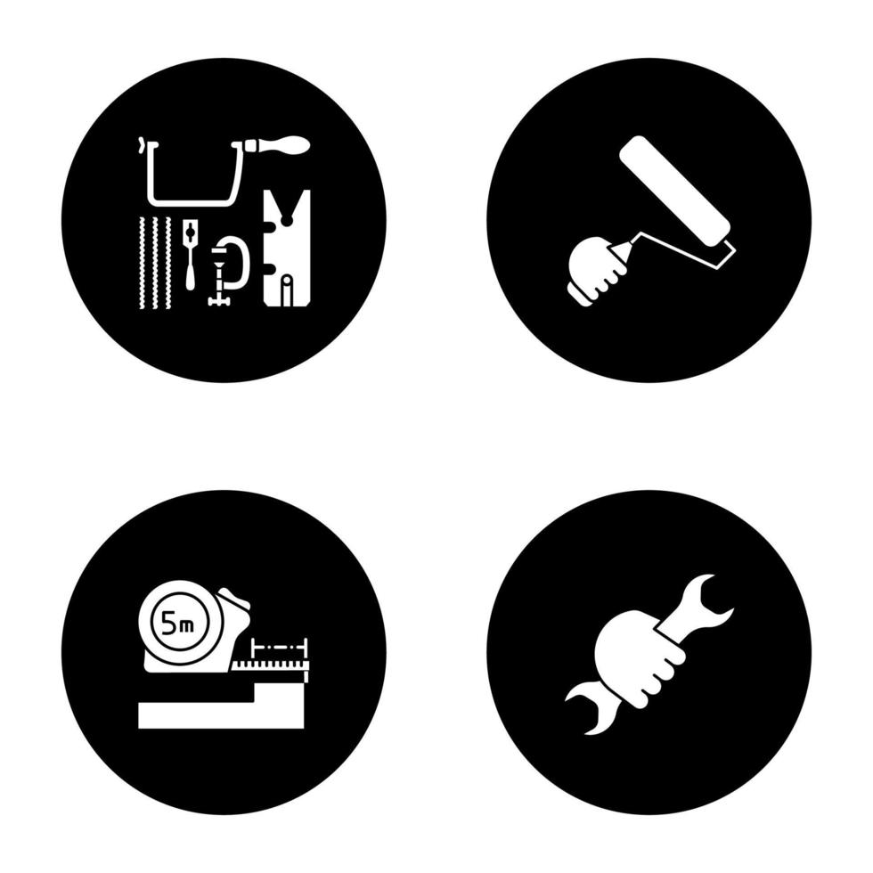 Glyphensymbole für Bauwerkzeuge festgelegt. Juwelier-Sägeset, Farbroller, Messgerät, Schraubenschlüssel in der Hand. Vektor weiße Silhouetten Illustrationen in schwarzen Kreisen