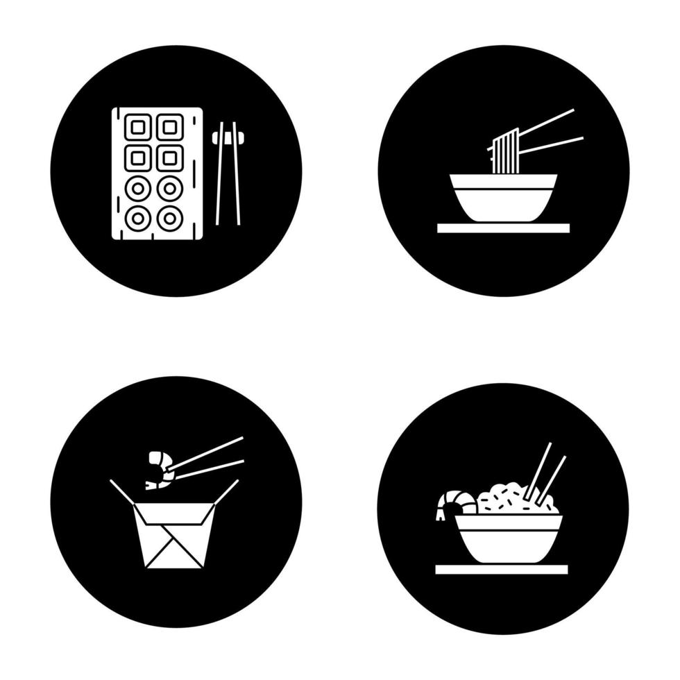 kinesisk mat glyf ikoner set. sushi, nudlar, ramen, stekt ris och ätpinnar. vektor vita silhuetter illustrationer i svarta cirklar