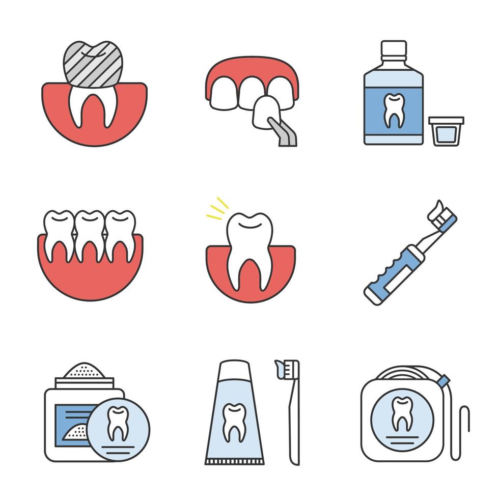 tandvård färg ikoner set. tandkrona, faner, munvatten, friska tänder, tandvärk, eltandborste, tandpulver, tandtråd, tandkräm. isolerade vektorillustrationer vektor