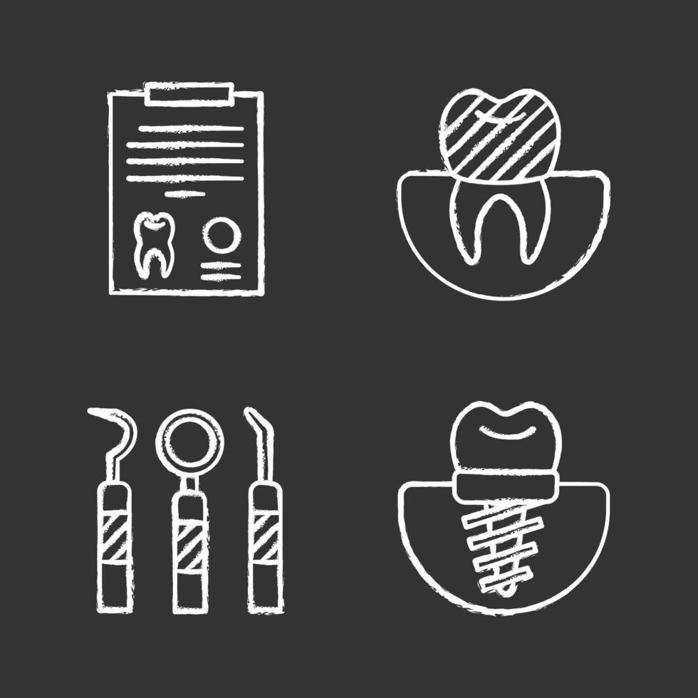 tandvård krita ikoner set. stomatologi. diagnostisk rapport, tandimplantat och krona, tandinstrument. isolerade svarta tavlan vektorillustrationer vektor