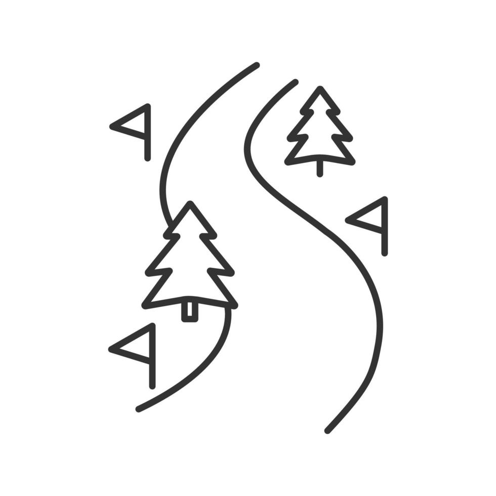 linjär ikon för skidrutt. tunn linje illustration. vinter skogsväg. bergslandskap. kontur symbol. vektor isolerade konturritning