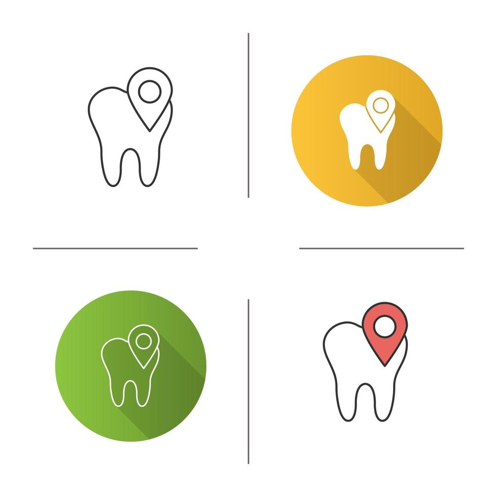 Standortsymbol der Zahnklinik. Zahn mit Kartenpunkt. flaches Design, lineare und Farbstile. isolierte Vektorgrafiken vektor