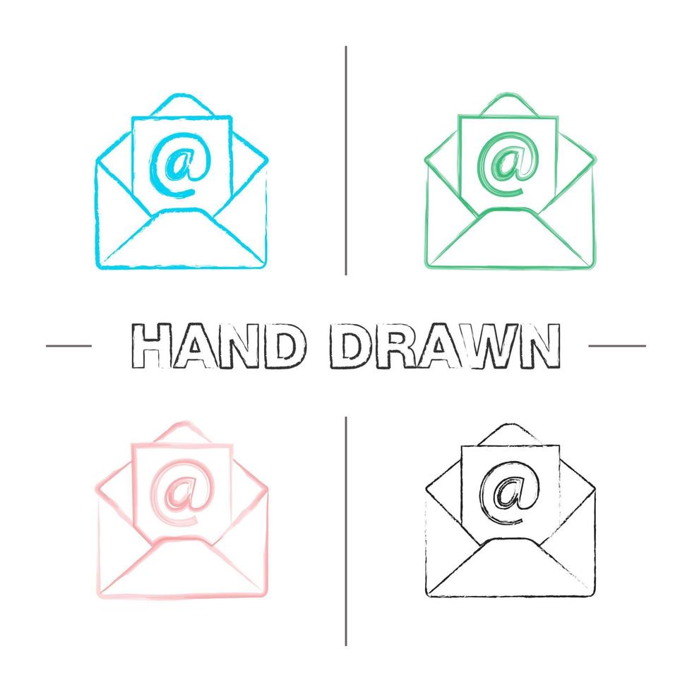 e-postadress handritade ikoner set. kuvert med arroba tecken. färg penseldrag. isolerade vektor skissartade illustrationer