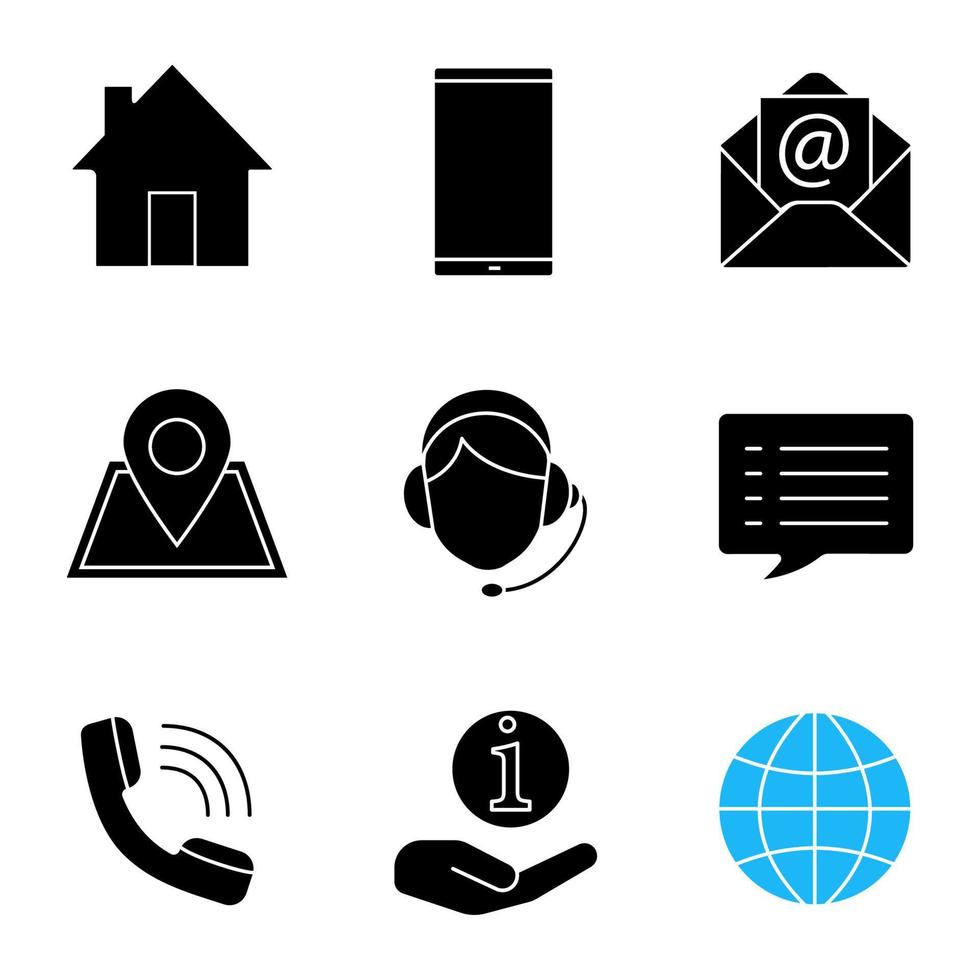 Glyphensymbole des Informationszentrums festgelegt. Homepage, Smartphone, E-Mail, GPS, Hotline, Chat, Anruf, Helpdesk, Globus. Silhouettensymbole. vektor isolierte illustration