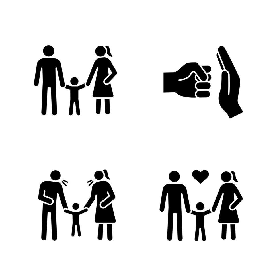 Glyphensymbole für das Sorgerecht für Kinder festgelegt. Silhouettensymbole. Kinderbetreuung. glückliche Familien. häusliche Gewalt, positive Erziehung, Eltern schimpfen mit dem Kind. vektor isolierte illustration