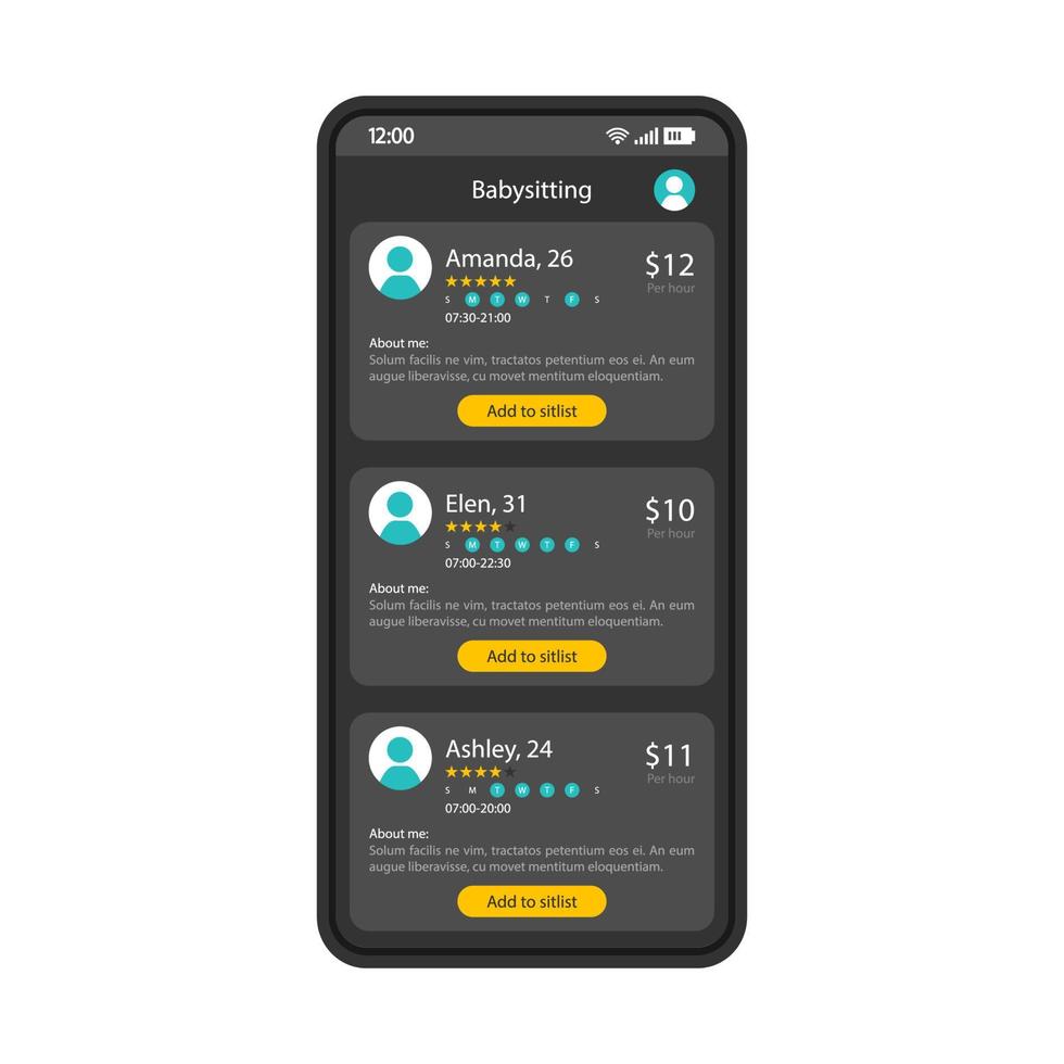 Babysitter-App-Smartphone-Schnittstellenvektorvorlage. mobile Seite schwarzes Design-Layout. babysitter, anwendungsbildschirm für kinderbetreuungsdienste. Nanny bestellen, buchen. flache ui. Profilliste auf dem Telefondisplay vektor