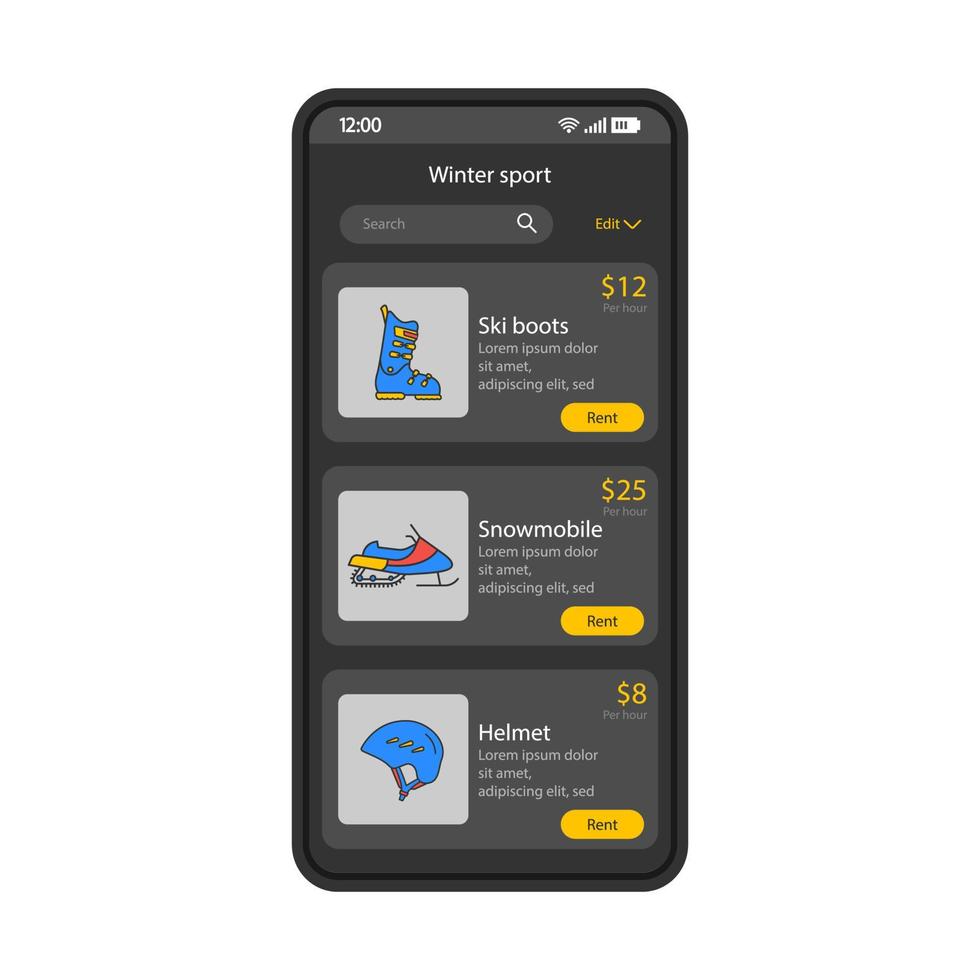 skidutrustning smartphone gränssnitt vektor mall. mobil shopping app sida blå design layout. vintersportutrustning, applikationsskärm för transportuthyrning. platt ui. outfitbutik online på telefondisplay