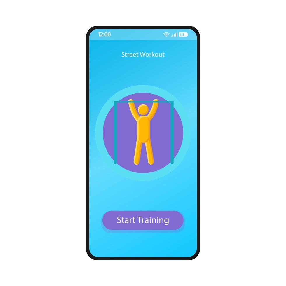 Street Workout App Smartphone-Schnittstellenvektorvorlage. mobile Seite schwarzes Design-Layout. Trainingsbildschirm für Calisthenics-Fähigkeiten. flache ui für fitness- und sport-tracker-anwendung. Klimmzüge. Telefonanzeige vektor