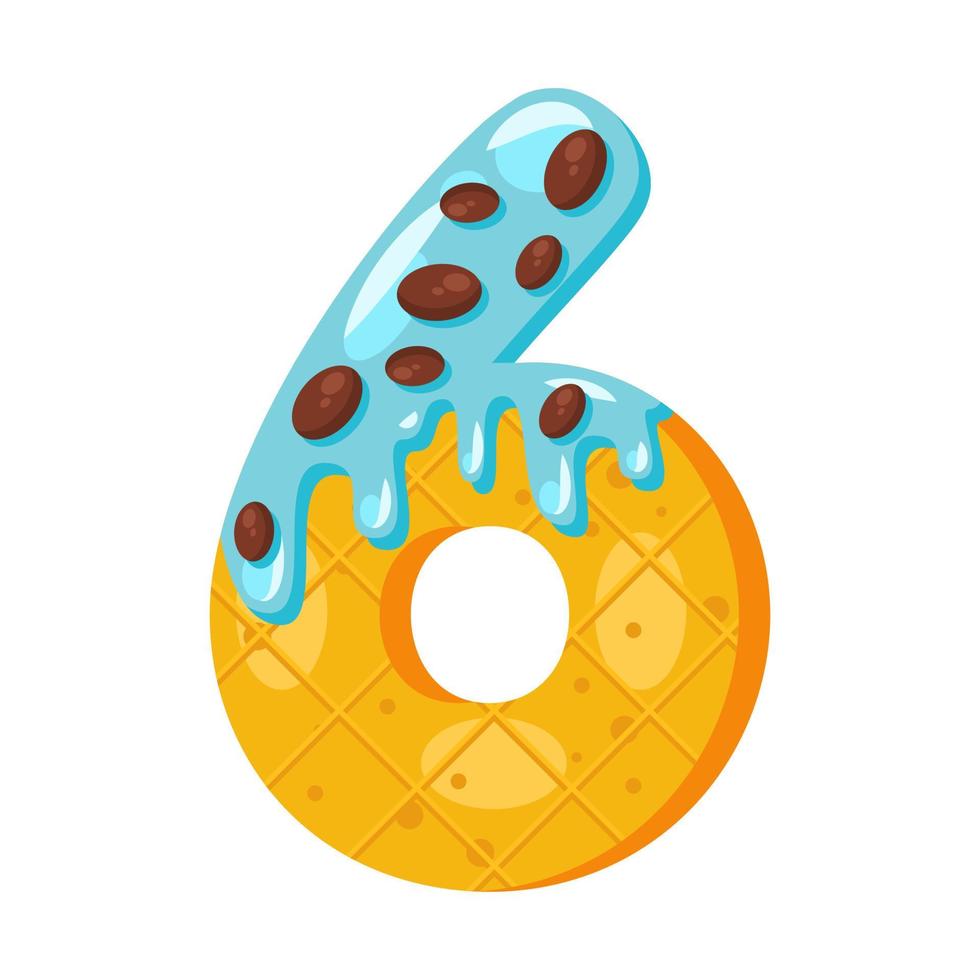 Donut Cartoon sechs Nummernvektorillustration. Biscuit fetter Schriftstil. verglastes Symbol mit Zuckerguss. verlockende Typografie mit flachem Design. kekse, waffel, schokoladenmathezeichen. gebäck, bäckerei isolierte clipart vektor