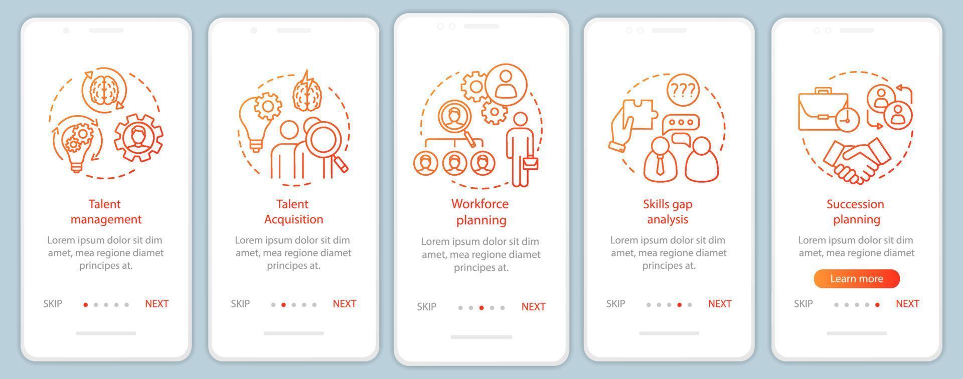 talentmanagement-onboarding-bildschirm für mobile app-seiten mit linearen konzepten. Arbeitskräfte, Talentakquise. Praktikum Walkthrough Steps Grafische Anleitung. ux, ui, gui-vektorvorlage, illustrationen vektor