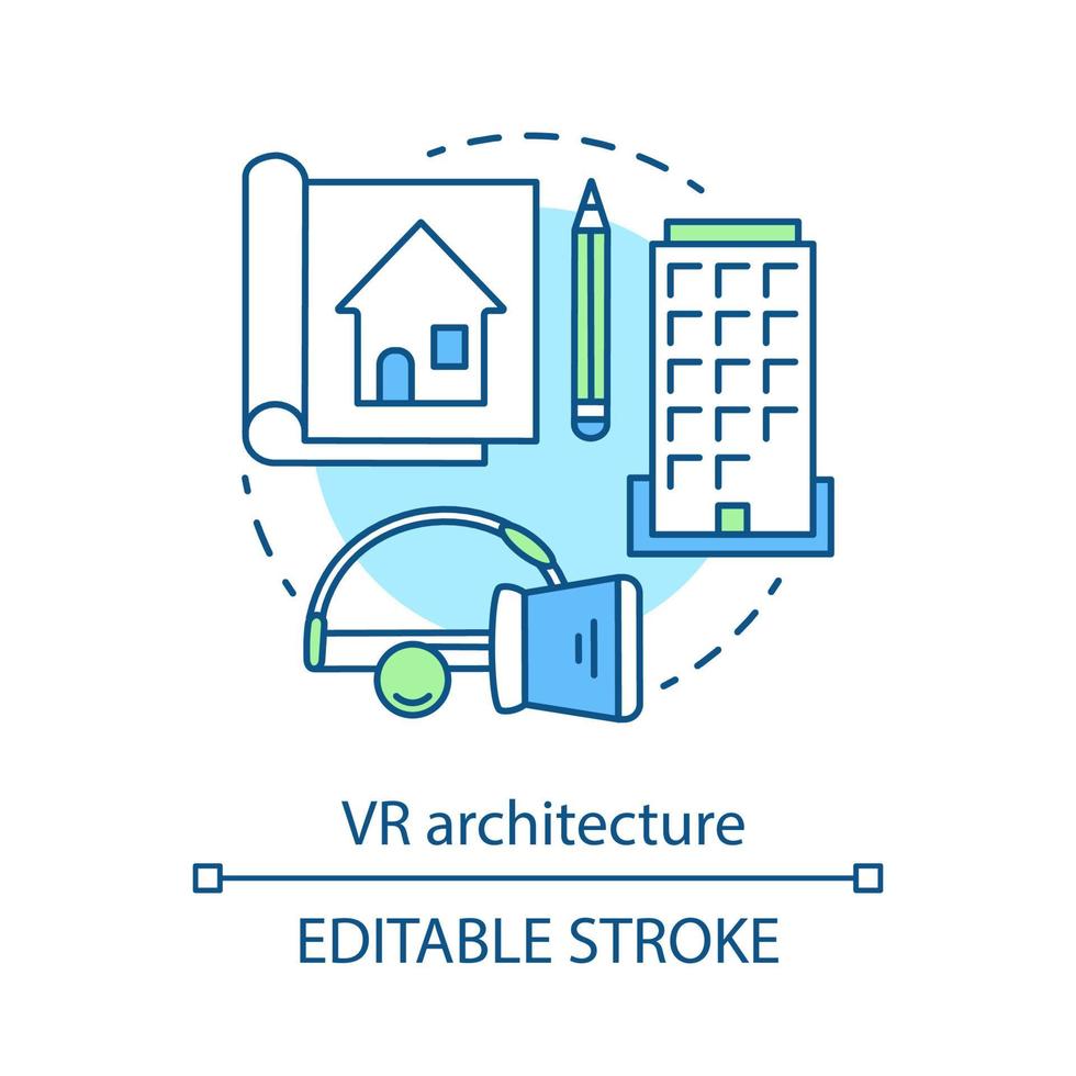 Symbol für das Architekturkonzept der virtuellen Realität. vr 360 grad arbeitsplatz. Gebäudeentwicklung. Präsentation 3D-Architekt Projektidee dünne Liniensymbole. Vektor isoliert Umrisszeichnung. editierbarer Strich