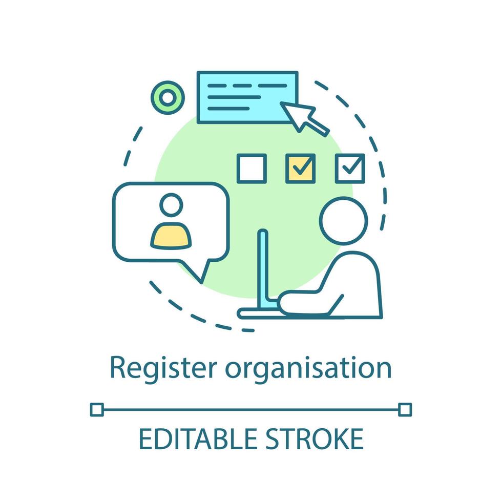 Symbol für das Organisationskonzept registrieren. Online-Registrierung der Einrichtung. Idee einer gemeinnützigen Stiftung, dünne Linie Illustration. Vektor isoliert Umrisszeichnung. editierbarer Strich