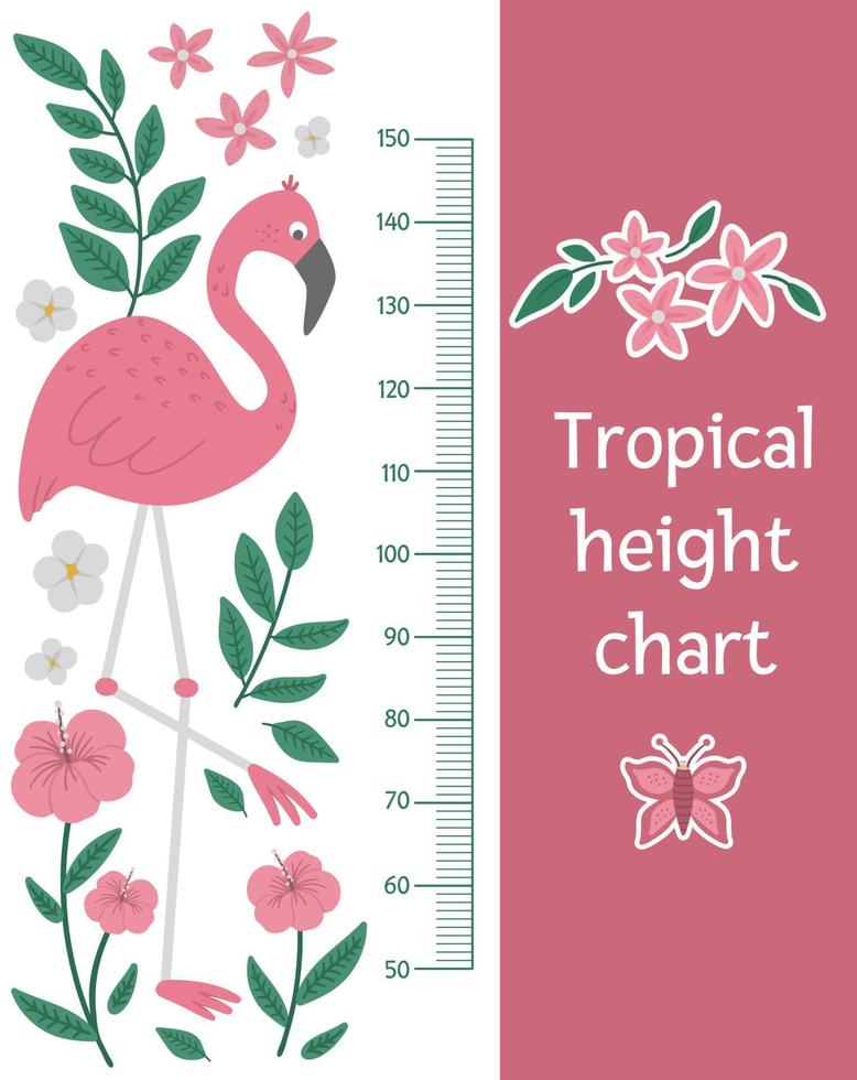 vektor söt höjd diagram med rosa flamingo, tropiska löv och fjäril. rolig väggdekoration med exotisk fågel. ljus platt bild för barn. djungel sommar meter affisch för barn