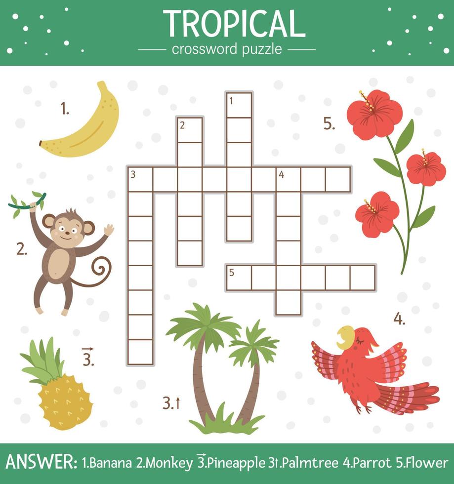 Vektor-Sommer-Kreuzworträtsel für Kinder. Quiz mit tropischen Elementen für Kinder. pädagogische dschungelaktivität mit niedlichen lustigen charakteren vektor