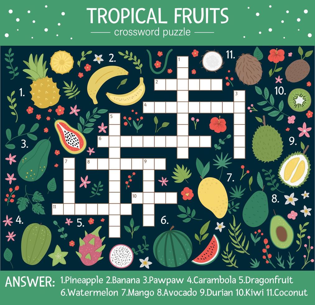 vektor sommar korsord för barn. frågesport med tropiska frukter för barn. pedagogisk djungelaktivitet med söta matinslag