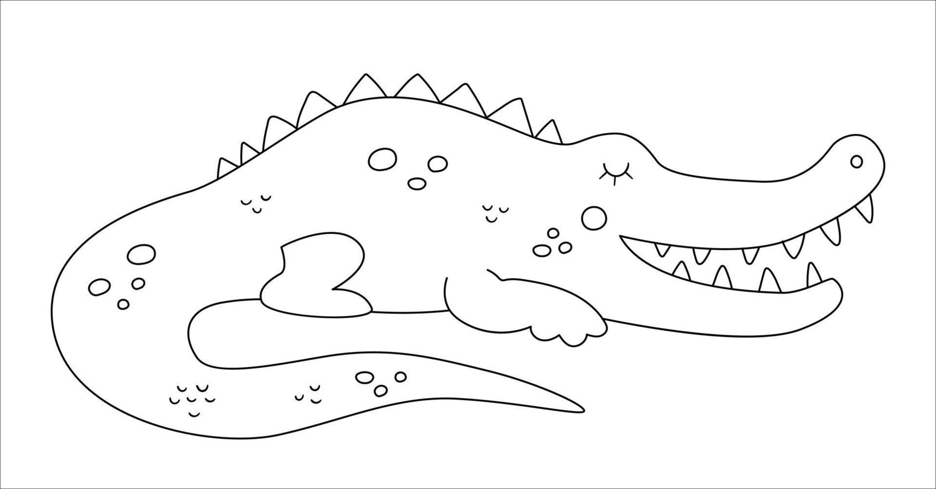 Vektor süßer Krokodil-Umriss. lustige tropische exotische tierschwarzweissillustration. lustige Malvorlagen für Kinder. Dschungel-Sommer-ClipArt