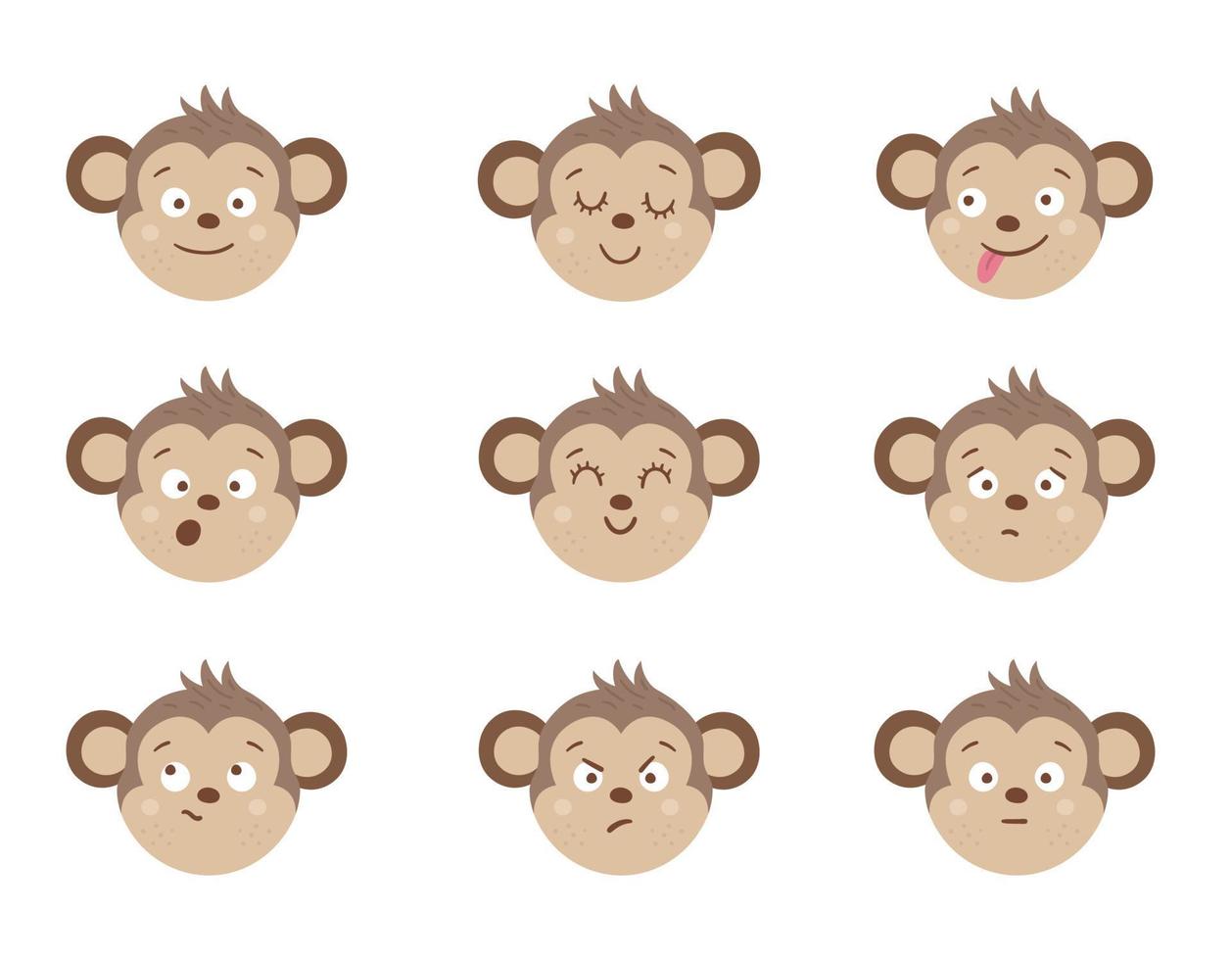 vektor apa ansikten med olika känslor. uppsättning djur emoji klistermärken. huvuden med roliga uttryck isolerade på vit bakgrund. söt avatarsamling
