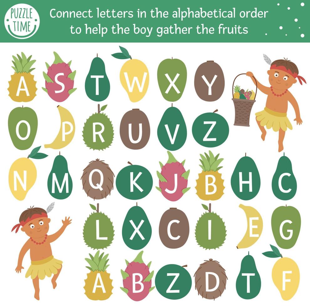 tropiskt abc-spel med söta karaktärer. exotisk alfabetslabyrintaktivitet för förskolebarn. välj bokstäver från a till ö för att hjälpa pojken att samla frukt. enkelt sommarspel för barn vektor