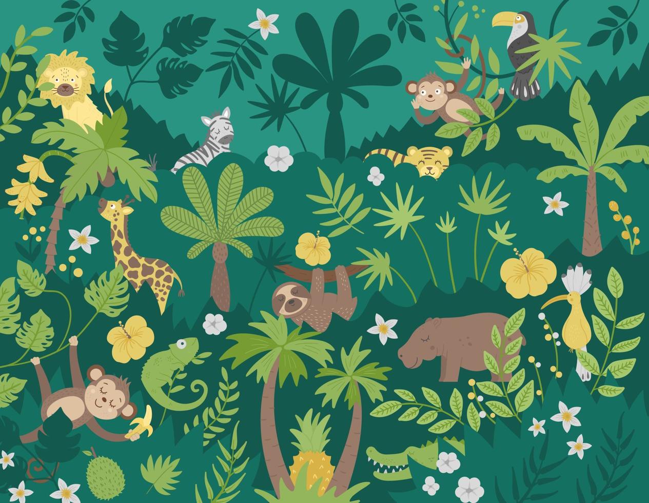 Vektorhintergrund mit niedlichen exotischen Tieren, Blättern, Blumen, Früchten. lustige tropische szene mit vögeln und pflanzen. helle flache illustration für kinder. Dschungel-Sommer-ClipArt vektor