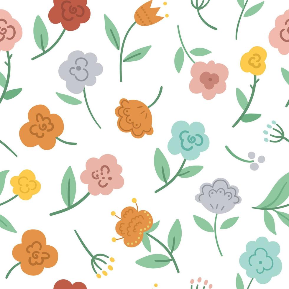 vektor sömlösa blommönster. handritad platt enkel trendig illustration med blommor och blad. bohemisk upprepande bakgrund med växter. boho digitalt papper