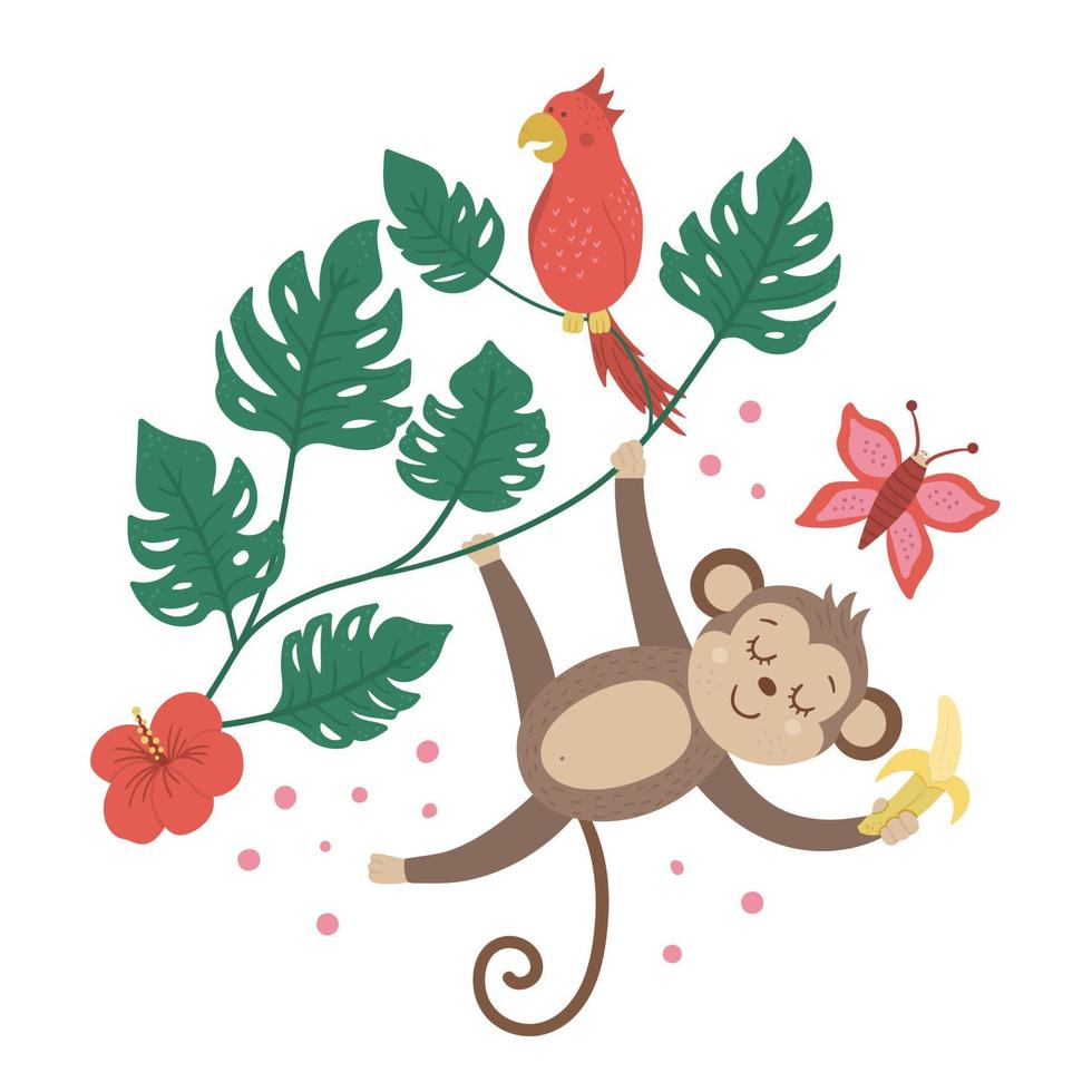 Vektor süßer Affe hängt an Liane mit Banane, Papagei isoliert auf weißem Hintergrund. lustige tropische tier-, pflanzen- und fruchtillustration. helles flaches bild für kinder. dschungelsommerkomposition