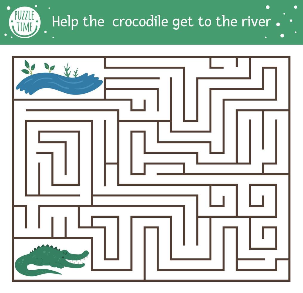 tropisk labyrint för barn. förskola exotisk verksamhet. roligt djungelpussel. hjälpa krokodilen att ta sig till floden. enkelt sommarspel för barn vektor