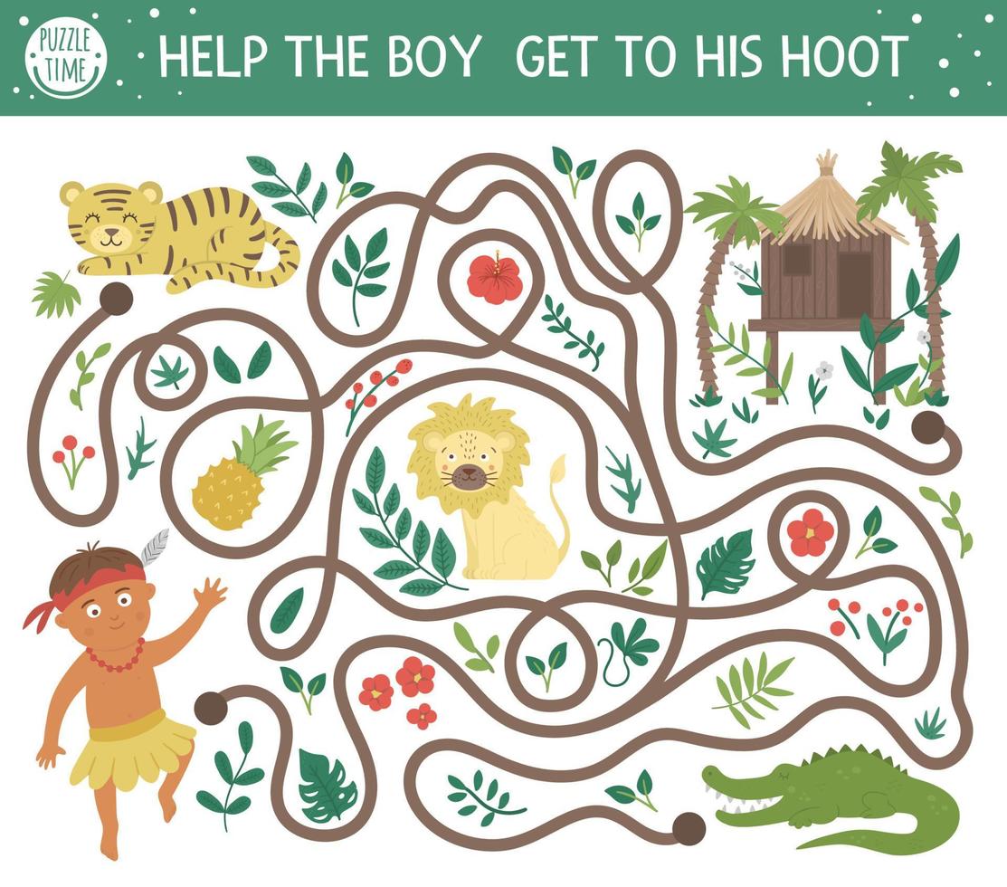 tropisk labyrint för barn. förskola exotisk verksamhet. roligt djungelpussel med söta afrikanska djur, växter, frukt. hjälp pojken att komma till sin tuta. sommarspel för barn vektor