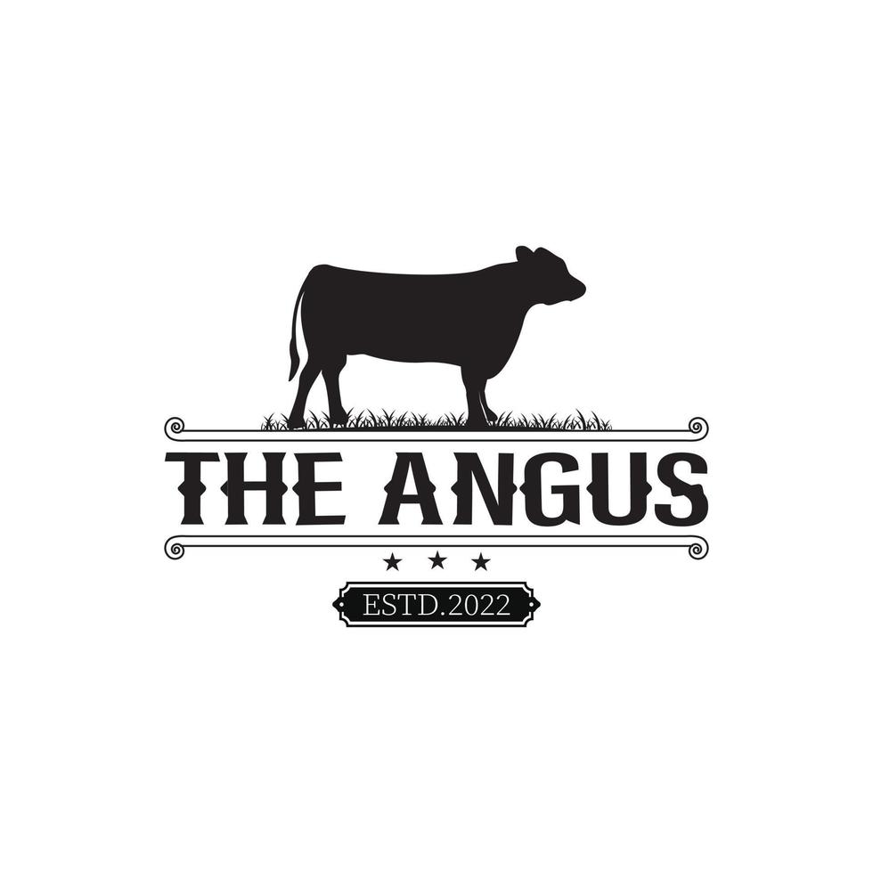 Retro-Vintage-Kuh-Label-Logo-Design, Angus mit klassischem und elegantem Stil vektor