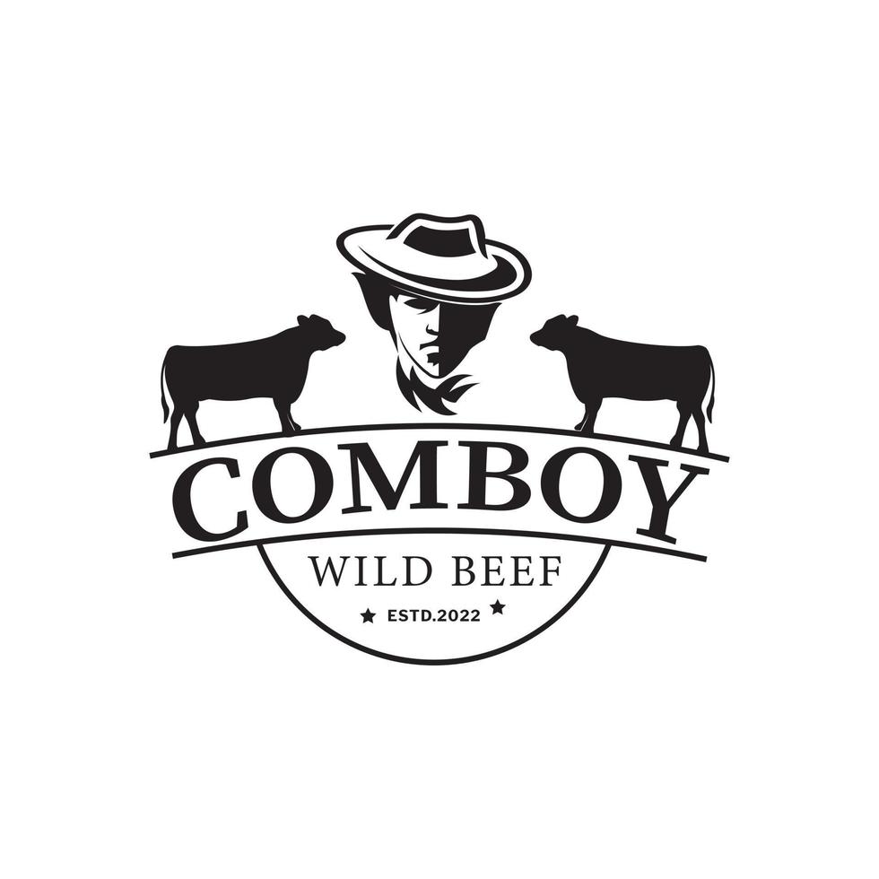 Cowboy-Kopf-Logo und zwei Kühe Vintage-Emblem-Symbol-Design-Vorlage vektor