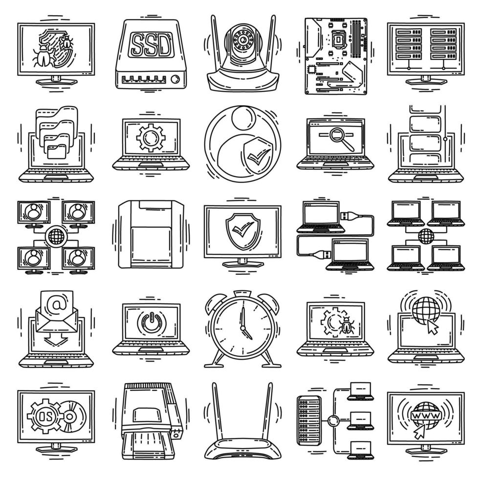 Computersoftware und -hardware stellen Symbolvektorgekritzelhand gezeichnet oder Umrissikonenart ein. vektor