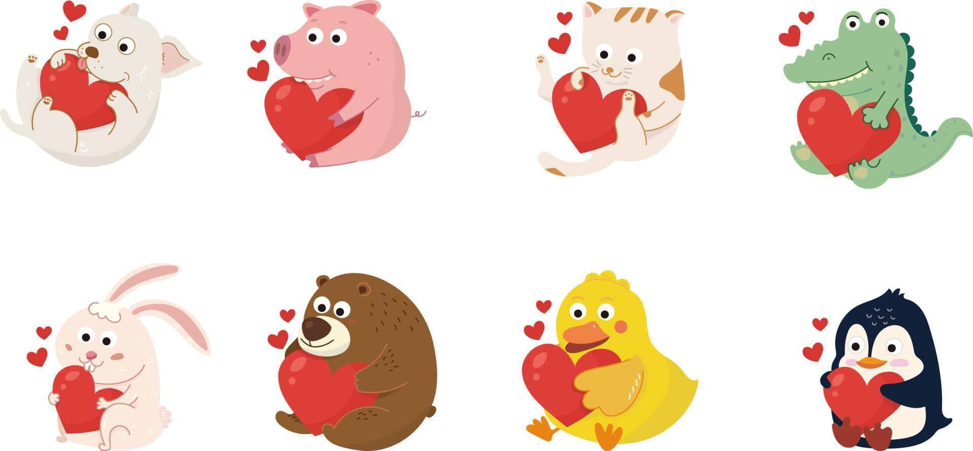 söta tecknade djurfigurer som håller rött hjärta set. härligt kärt djur på alla hjärtans dag ger presentillustration vektor