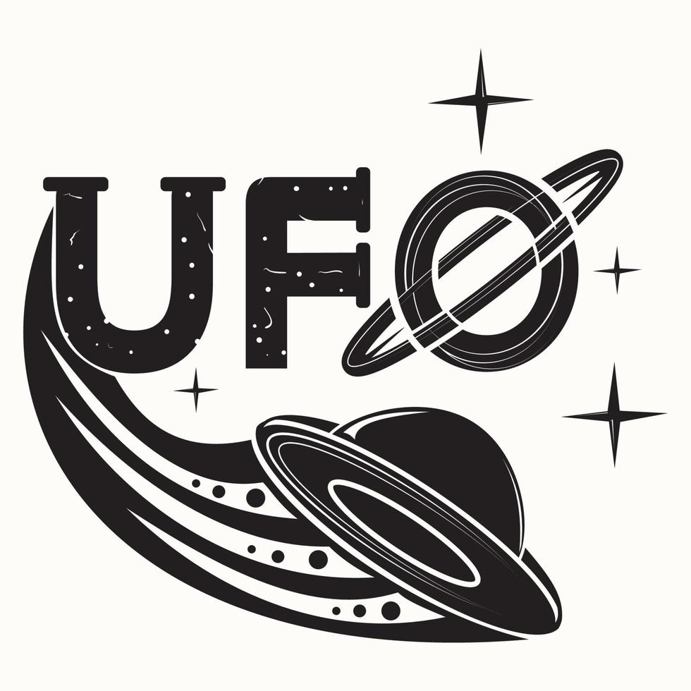 stilisierte Inschrift ufo mit einer fliegenden Untertasse am unteren Rand der Buchstaben Schwarz-Weiß-Bild auf einem isolierten Hintergrund vektor