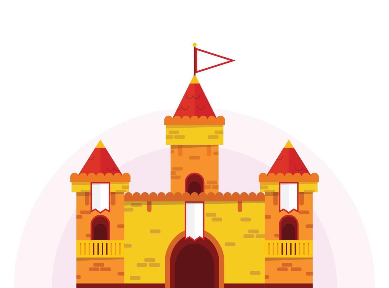 Flaches Cartoon-Schloss in gelber und roter Farbe auf isoliertem Hintergrund, Vektorillustration. mittelalterliche Festungszeichnung. vektor