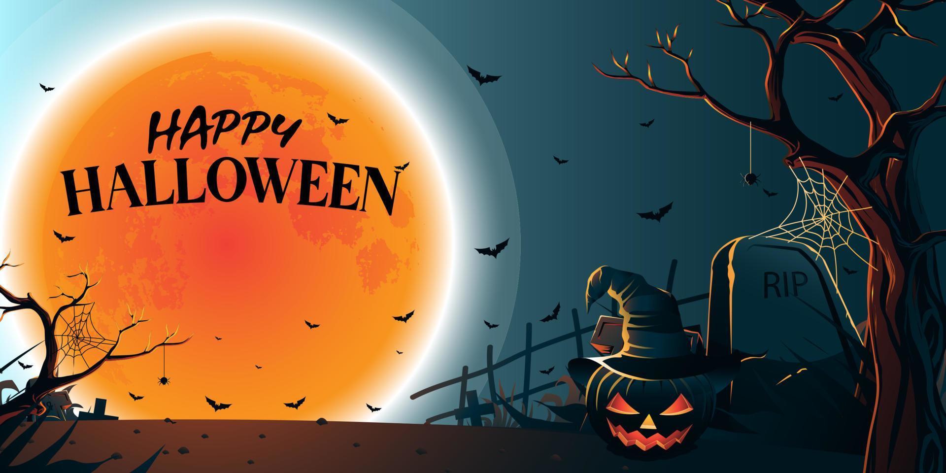 glad halloween banner med spöklik pumpa mot månbelyst himmel vektor