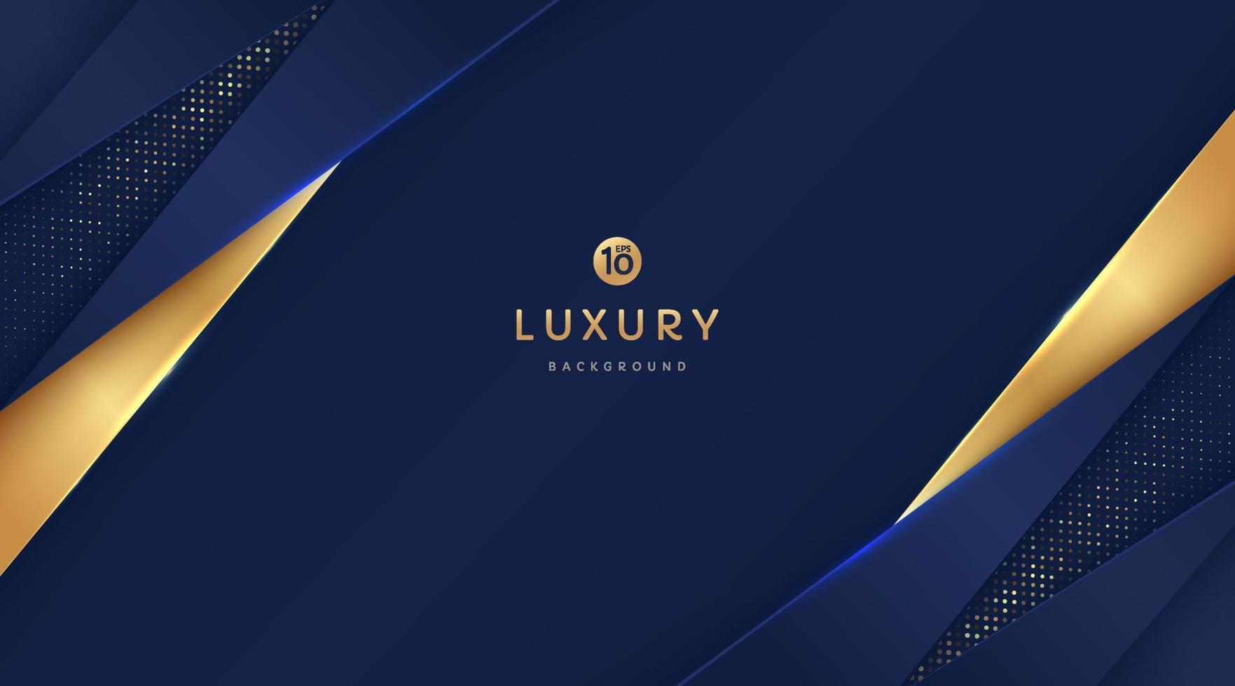 Dunkelmarineblaue und goldene Dreiecksformen, die sich auf dem Hintergrund mit leuchtend goldenen Streifen und Glitzer überschneiden. luxuriös und elegant. abstraktes Vorlagenvektordesign. Design für Präsentation, Banner. vektor