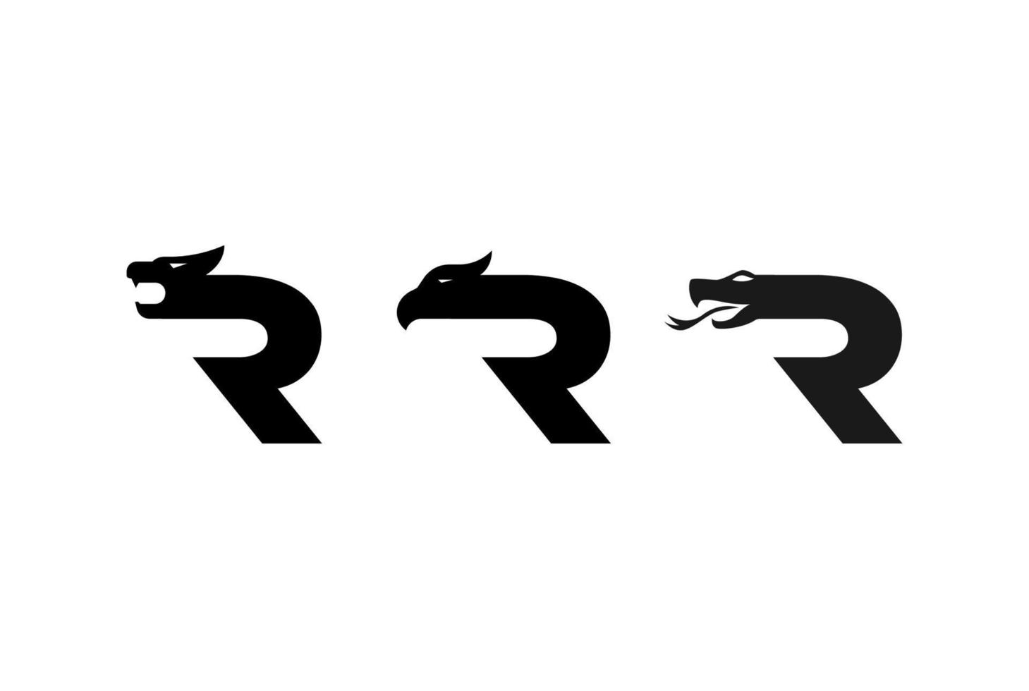 anfangsbuchstabe r mit drachen tiger löwe rabe adler falke phoenix kobra schlangenkopf logo design vektor
