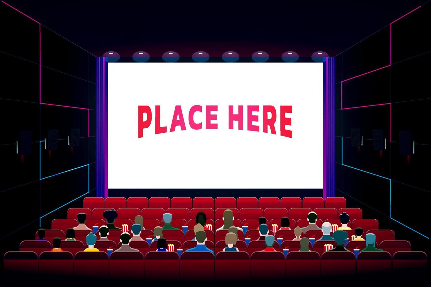 bio teater hall grafisk vektor illustration med fler folkmassa människor sitter på stolen