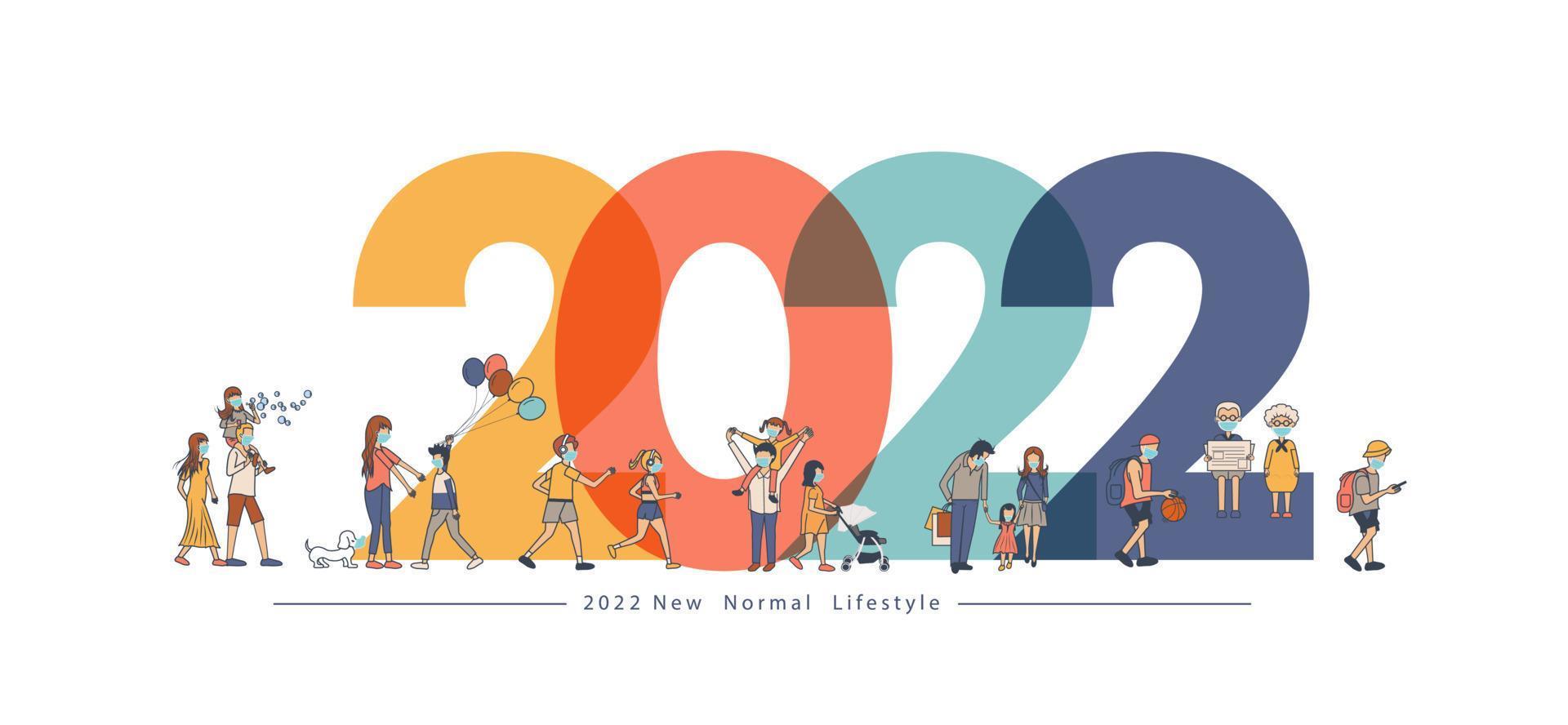 2022 nytt år med nytt koncept för normala livsstilsidéer. människor som bär mask i platt stora bokstäver design. vektor illustration modern layoutmall