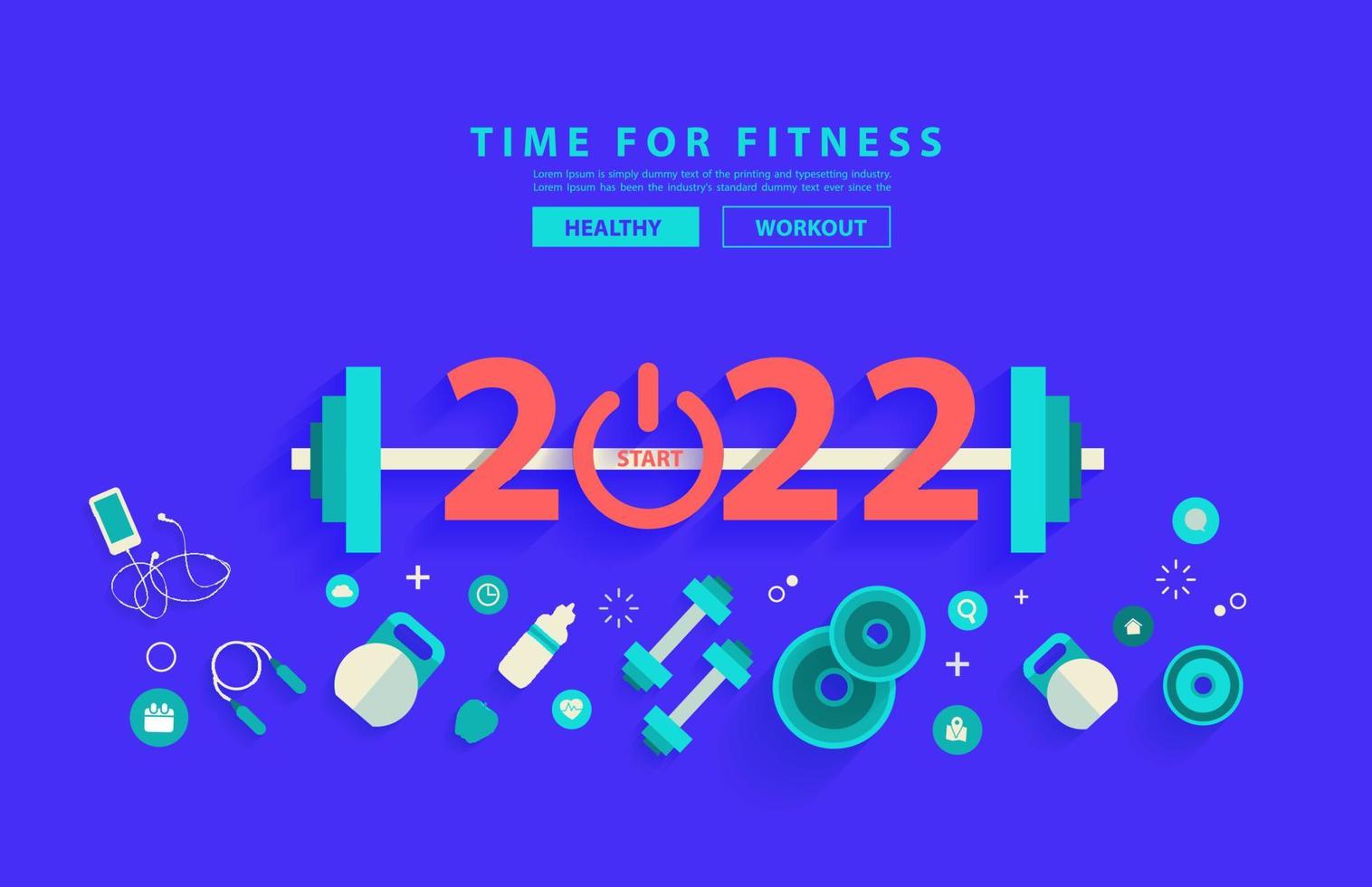 frohes neues jahr 2022 fitnesskonzept training typografie alphabet design mit ausrüstung. Vektor-Illustration flache moderne Layout-Vorlage vektor