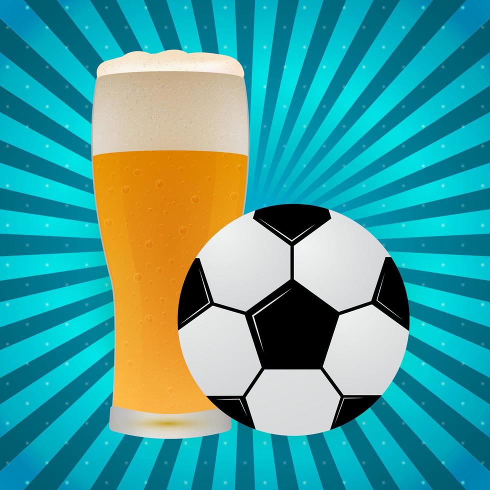 Fußball und ein Glas Bier auf einem hellblauen Hintergrund mit Lichtstrahlen. Fußball-Fan-Konzept. Sportbar-Banner. Vorlage für Ihre Designprojekte. vektor