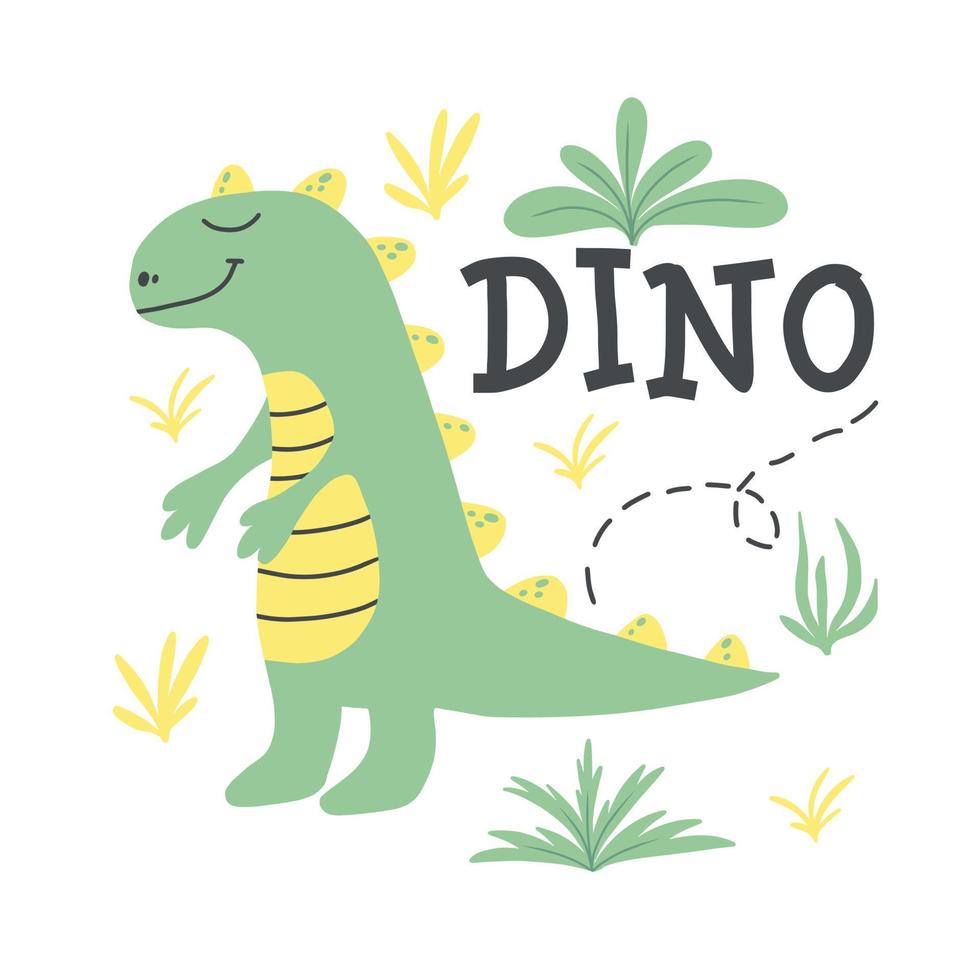 Kinderposter mit einem süßen Dinosaurier. handgezeichnete illustration mit dino. Die Illustration eignet sich für Pints, Kinderzimmerposter, Postkarten. Vektor-Illustration. vektor