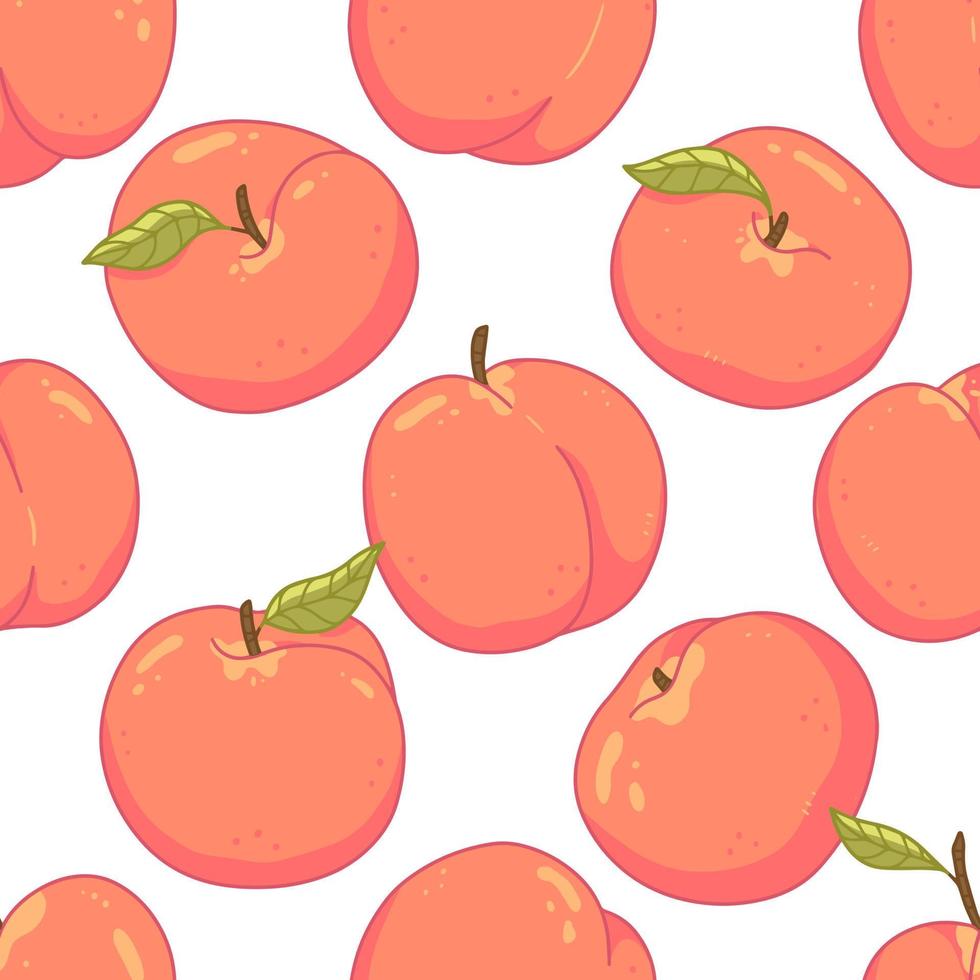 sömlös fruktig söt mönster med persikor, löv och prickar på en vit bakgrund. vektor illustration bakgrund.