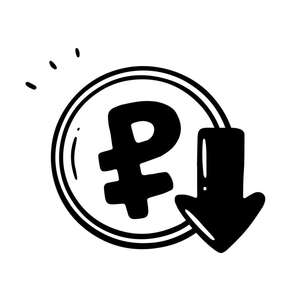 den ryska rubelns fall. rubel ner. ett mynt med en rubelsymbol och en pil som pekar nedåt i linjär doodlestil. vektor isolerade illustration.