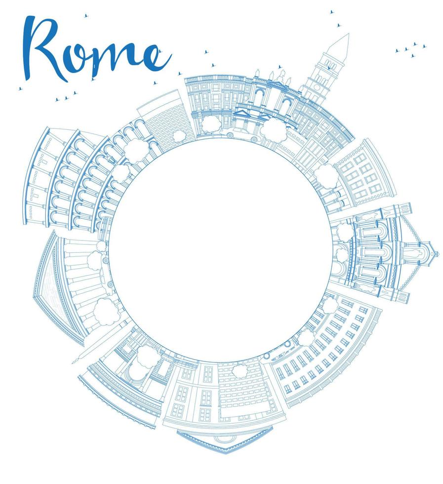 skissera Roms skyline med blå landmärken och kopieringsutrymme vektor