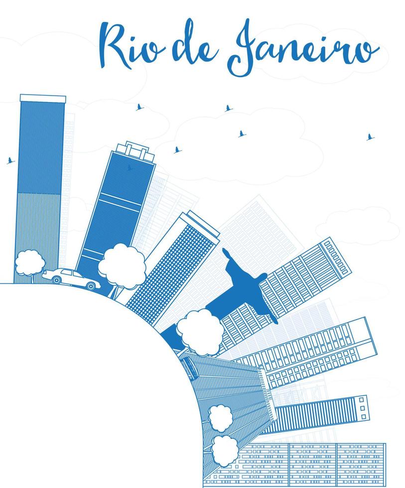 kontur rio de janeiro silhuett med blå byggnader och kopieringsutrymme vektor