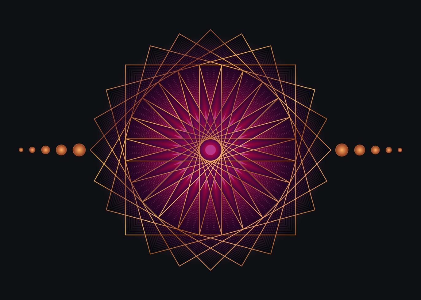 helig geometri mandala, lila blomma guld meditativ cirkel ikon, geometrisk logotyp design, mystiskt religiöst hjul, indiskt chakra koncept, vektor illustration isolerad på svart bakgrund