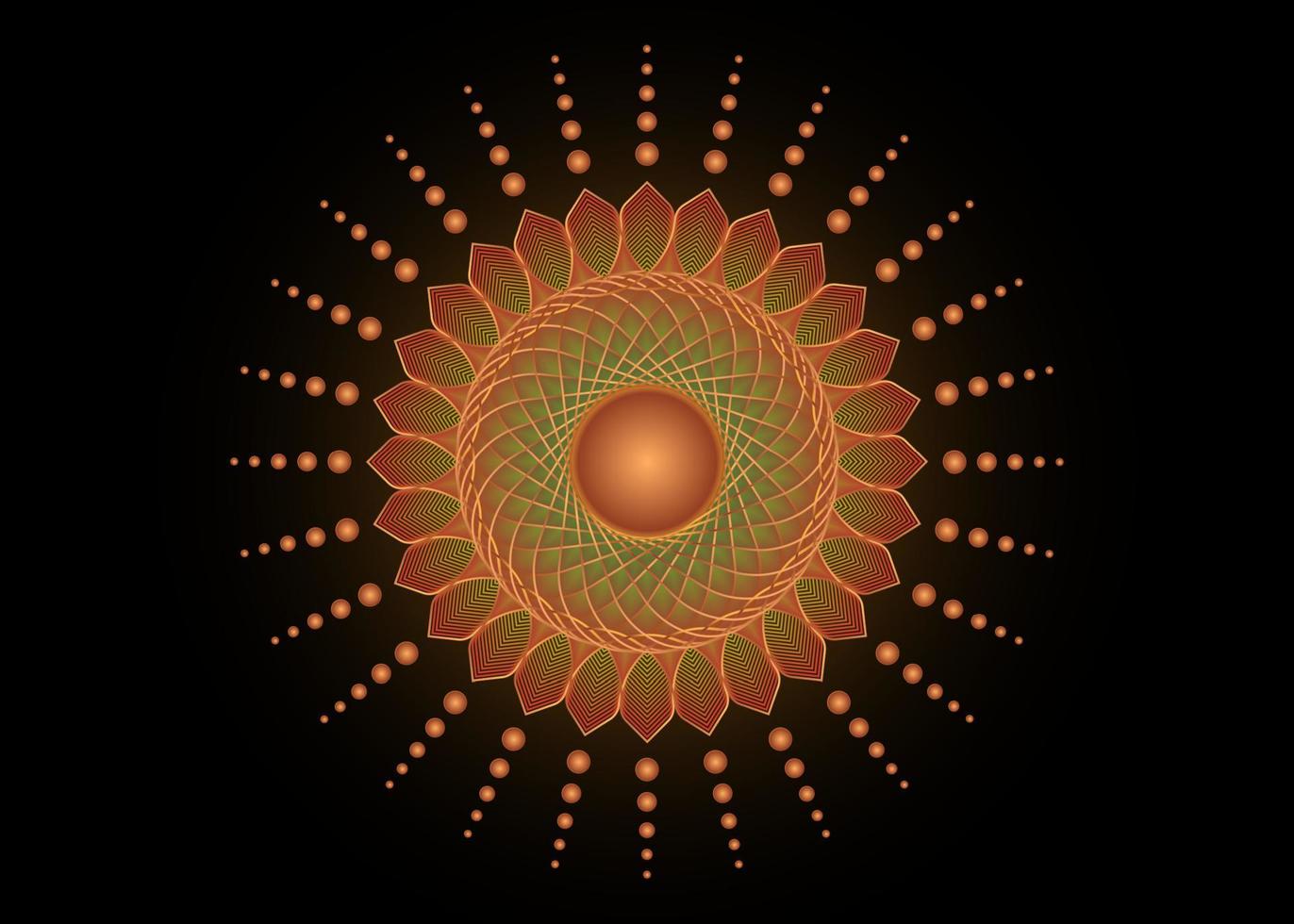 Mandala der heiligen Geometrie, meditative Kreisikone der Sonnenblume Gold, geometrisches strahlendes Logodesign, mystisches religiöses Rad, indisches Chakrakonzept, Vektorillustration lokalisiert auf schwarzem Hintergrund vektor