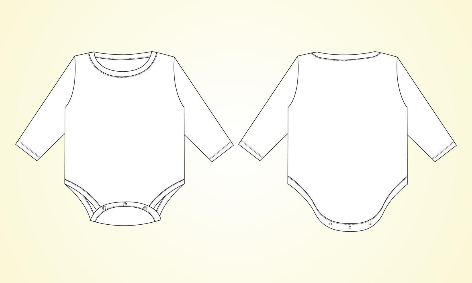 Langarm Baby Strampler insgesamt technische Mode flache Skizze Zeichnung Vektor Illustration Vorlage Vorder- und Rückansicht. Bekleidungskleidung Design Mock-up für Babymädchen. Kinderkleid Design einfach editierbar.